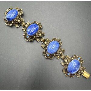 Vintage Bracelet Gold Tone Blue Cabochon Glass Faux Pearl Filigree Link Ornate